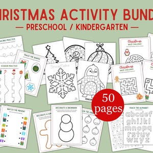 May include: A Christmas Activity Bundle for preschool and kindergarten. The bundle includes 50 pages of activities such as tracing, scissor practice, mazes, and colouring pages. The pages feature Christmas-themed images like a snowman, penguin, and Christmas tree.