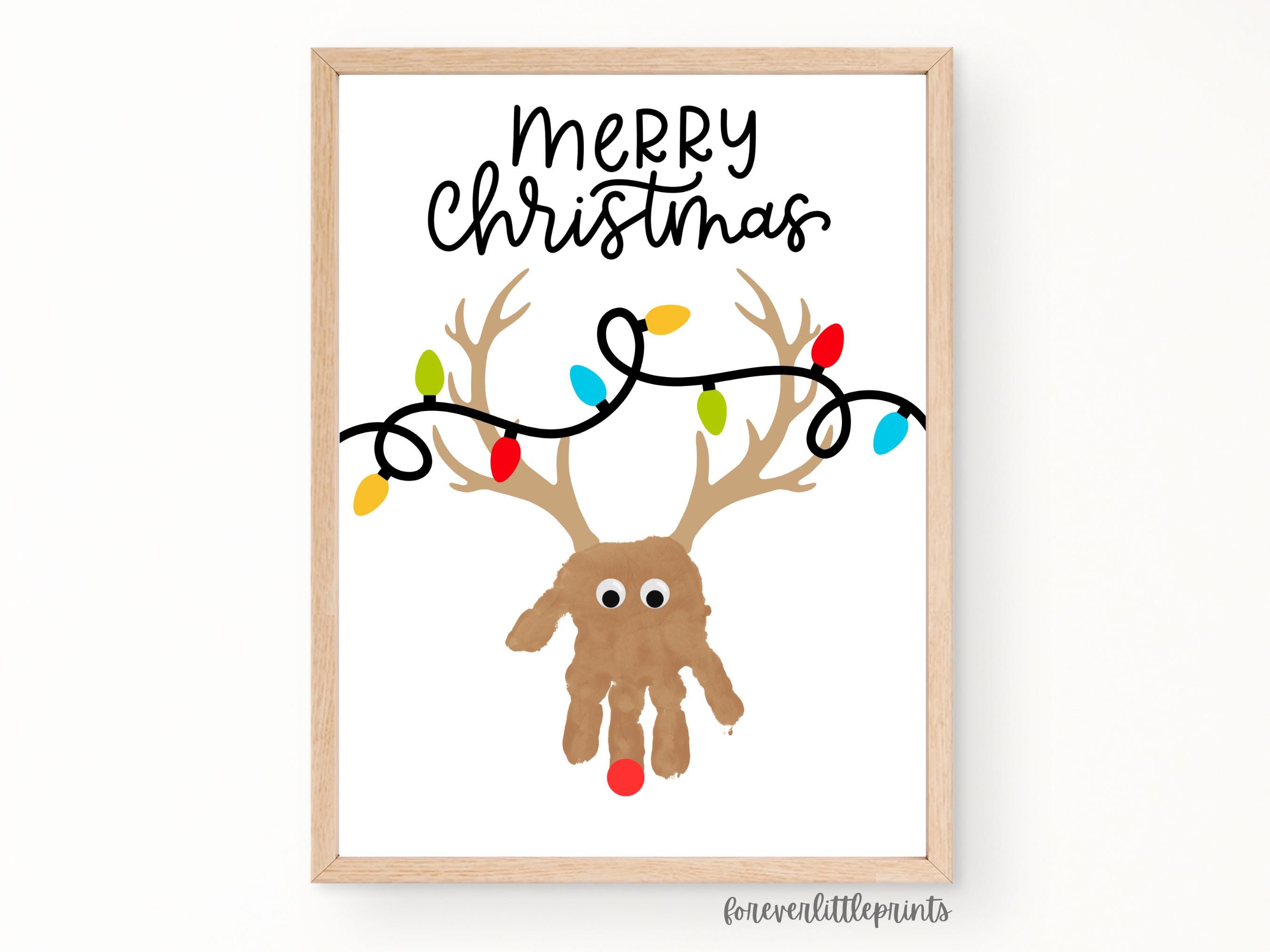 Reindeer Christmas Handprint Art Kids Toddlers Baby Printable Deer Footprint Craft Keepsake Christmas Lights Merry Christmas Card Gift