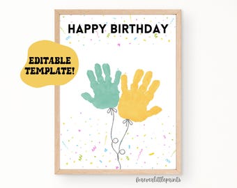 Globos de feliz cumpleaños con huella de mano editables, regalo de cumpleaños personalizado para niños, bebés y bebés, tarjeta de cumpleaños con huella de mano.