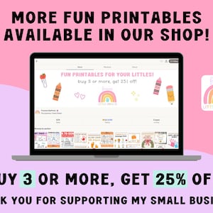 The image is an advertisement for a small business that sells printables, offering a 25% discount on their products. The text encourages customers to buy 3 or more items to get the discount.