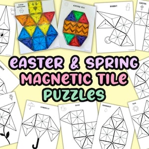 May include: A collection of Easter and Spring-themed magnetic tile puzzles. The puzzles feature designs of a rabbit, chick, Easter egg, carrot, flower, cross, umbrella, duck, rainbow, and sun. The words "Easter & Spring Magnetic Tile Puzzles" are displayed.