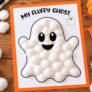 May include: A white paper craft sheet with an orange border featuring the text MY FLUFFY GHOST and a black outline of a ghost filled with white cotton balls. The ghost has two black oval eyes and a black smiling mouth. A small ghost icon is included.