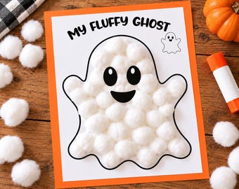 May include: A white paper craft sheet with an orange border featuring the text MY FLUFFY GHOST and a black outline of a ghost filled with white cotton balls. The ghost has two black oval eyes and a black smiling mouth. A small ghost icon is included.