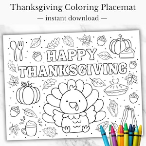 Thanksgiving Coloring Placemat For Kids, Printable Turkey Activity Table Paper Mat, Thanksgiving Games, Fall Coloring Pages