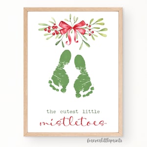 Art d'empreinte de pas de Noël de gui, artisanat imprimable d'empreinte de main de bébé tout-petit, premier souvenir de Noël de bébé, carte de vacances faite main