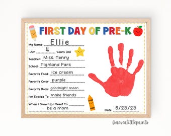 First Day of Pre-K Handprint, 1st Day of School Questionnaire, Back to School, First Day of PreSchool Survey, Pre-Kindergarten