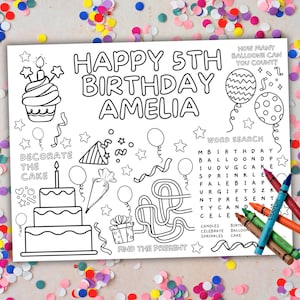 Birthday Coloring Placemat For Kids Personalized Party Sheet Paper Activity Table Mat Birthday Games Coloring Pages Editable Template Color