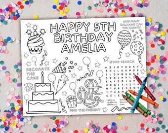 Birthday Coloring Placemat For Kids Personalized Party Sheet Paper Activity Table Mat Birthday Games Coloring Pages Editable Template Color