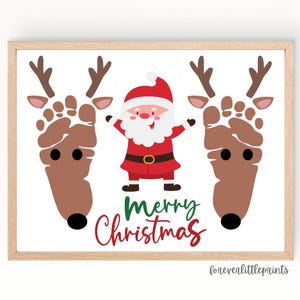 Santa Reindeer Christmas Footprint Art Craft for Toddler Baby Kids, Handprint Craft Art, DIY Craft Memory Holiday Keepsake Merry Christmas
