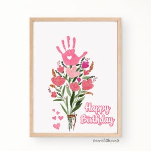 Art de l'empreinte de main joyeux anniversaire, bouquet de fleurs, cadeau d'anniversaire personnalisé pour enfant en bas âge, bébé nourrisson, carte d'anniversaire pour maman, grand-père