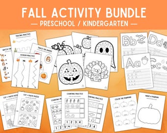 Pode incluir: Um conjunto de folhas de atividades a preto e branco para a pré-escola e o jardim de infância, com ilustrações com o tema do outono. O pacote inclui páginas de traçado, prática de tesoura, contagem e coloração, com abóboras, perus e outras imagens sazonais.