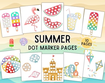 Summer Dot Marker Printable Pack, Fun Preschool Daycare Activity Pages, Beach Coloring Sheets, Dots Art Markers