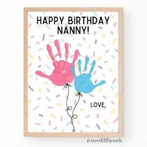 Balões de arte com impressão de mão de babá de feliz aniversário, presente de aniversário personalizado de babá de crianças pequenas, cartão de aniversário com impressão de mão para babá