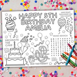 Set de table à colorier d'anniversaire pour enfants, feuille de fête personnalisée, activité, tapis de table, jeux d'anniversaire à colorier, modèle modifiable en couleur