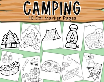 Camping Dot Marker Printable Pack, lustige Vorschul-Tagesstätten-Aktivitäten, Sommercamp Malvorlagen, Dots Art Markers, Natur wandern