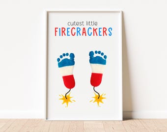 Cutest Little Firecracker Footprint Art, My First 1st 4th of July, Red White Blue Handprint Craft Patriotic Activity Keepsake Fourth of July