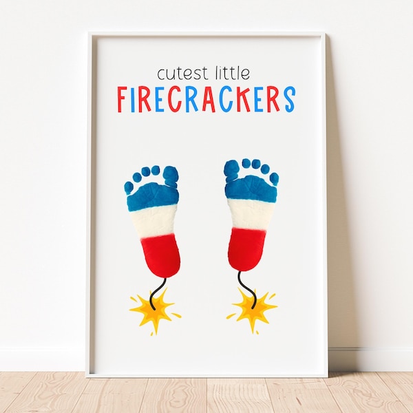 Cutest Little Firecracker Footprint Art, My First 1st 4th of July, Red White Blue Handprint Craft Patriotic Activity Keepsake Fourth of July