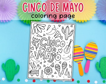 Página para colorear del Cinco de Mayo para niños, manualidad del Cinco de Mayo, hoja para colorear con actividades de guardería, actividad infantil de fiesta mexicana, juego de fiesta