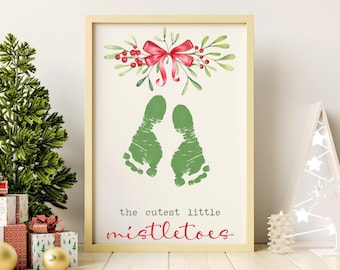 Huellas navideñas de muérdago, manualidad imprimible de huellas de manos para bebés, recuerdo de la primera Navidad del bebé, tarjeta navideña hecha a mano