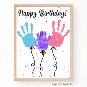 Art ballons empreinte de main joyeux anniversaire, cadeau d'anniversaire personnalisé pour tout-petit, carte d'anniversaire empreinte de main, 3 enfants multiples