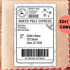 May include: A white and gray North Pole Express shipping label with snowflakes and a reindeer logo. The label includes the text "Santa Claus" and "Child's Name" with address fields. A red and white string is wrapped around the package.