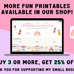 The image is an advertisement for a small business that sells printables, offering a 25% discount on their products. The text encourages customers to buy 3 or more items to get the discount.
