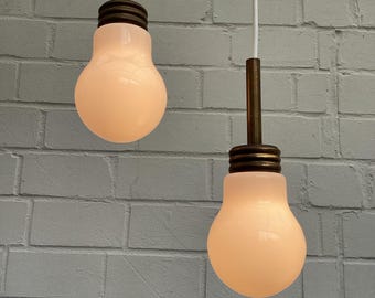 1 of 2 opaque vintage 60s 70s pendant lights bulb opal glass & brass hanging lamp