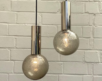 1 van 2 hanglampen van gerookt glas uit het midden van de 20e eeuw, HUSTADT vintage lamp (jaren 60/70)