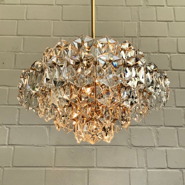 Large gold-plated KINKELDEY crystal glass 60s 70s MCM chandelier