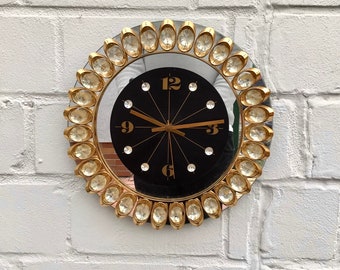 Gold plated crystal glass JUNGHANS Hollywood Regency MCM 70s vintage wall clock