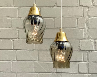 1 of 2 tinted glass & brass pendant lights 60s 70s lamps lights
