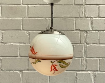 Painted Art Deco 1920s/30s Art Nouveau pendant lamp | Brass opal glass light with glass canopy
