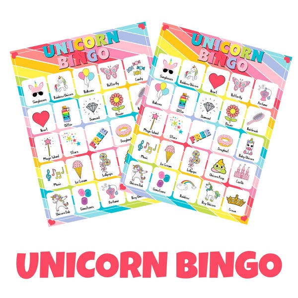 Rainbow Unicorn BINGO Juego de fiesta imprimible- Brillante y colorido, Juego de fiesta de cumpleaños, Juego de unicornio mágico, Descarga instantánea, Juego de niñas,