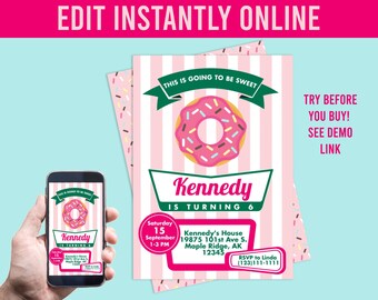 Donut Birthday Party Invitation, Doughnut Invite, Girl Donut Invite, Instant download, Pink Printable Invite, Edit online