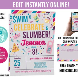 Hotel Swimming Birthday Party Invitation, Sleepover Slumber Party Water Park Digital Invite, Instant Edit Pool Swim Template, Printable