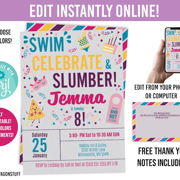 Hotel Swimming Birthday Party Invitation, Sleepover Slumber Party Water Park Digital Invite, Instant Edit Pool Swim Template, Printable