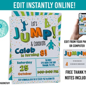 Jump Trampoline Party gepersonaliseerde uitnodiging, gratis bedankkaarten, Boy Bounce verjaardagssjabloon, jongens afdrukbare Instant bewerkbare uitnodiging