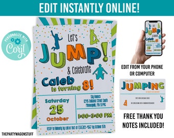 Jump Trampoline Party Personalized Invitation, Free Thank You Cards, Boy Bounce Birthday Template, Boys Printable Instant Editable Invite