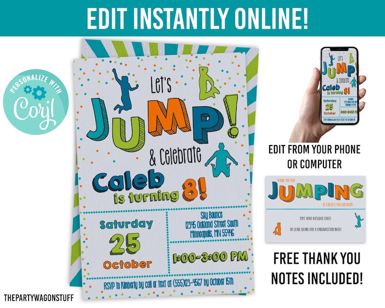 May include: Editable birthday party invitation with a colorful "Let's Jump!" design. The invitation is for Caleb's 8th birthday party and includes the date, time, and location of the event. The invitation also includes a phone number for RSVP.