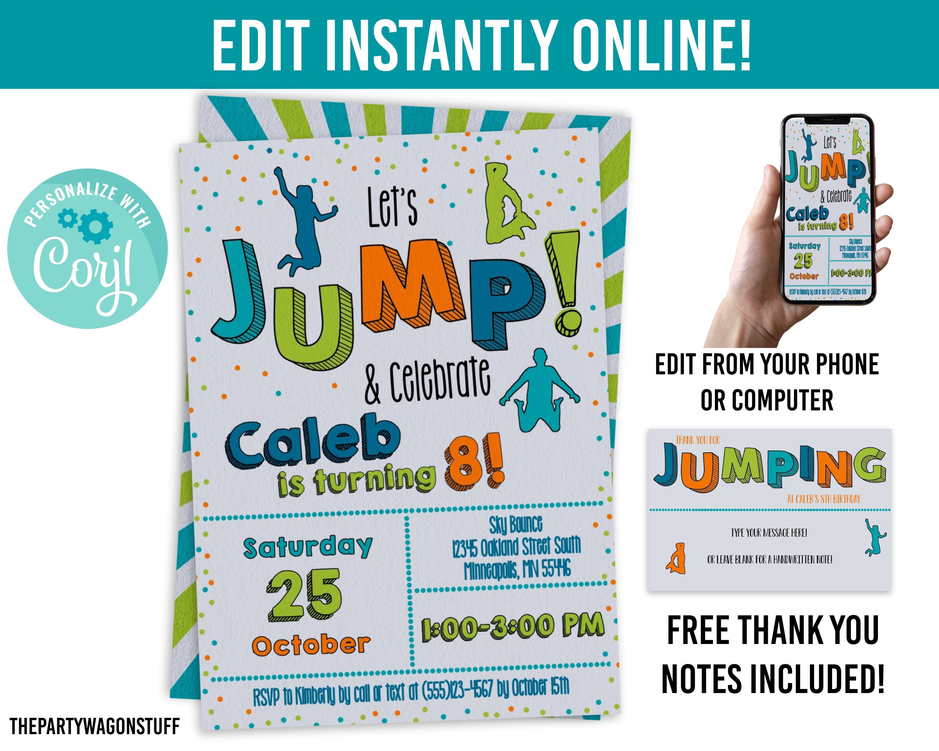 Jump Trampoline Party Personalized Invitation, Free Thank You Cards, …