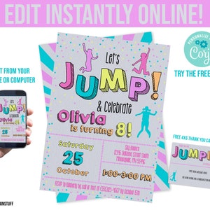 Jump Trampoline Party gepersonaliseerde uitnodiging, bedankkaart Opmerking meisje Bounce verjaardag sjabloon meisjes afdrukbare Instant uitnodigen, online bewerken