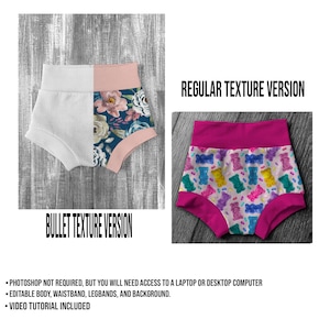 May include: Two versions of a digital download for a pair of baby bloomers. The first version has a floral print and the second version has a gummy bear print. The text "BULLET TEXTURE VERSION" and "REGULAR TEXTURE VERSION" is included in the image. The text "PHOTOSHOP NOT REQUIRED, BUT YOU WILL NEED ACCESS TO A LAPTOP OR DESKTOP COMPUTER - EDITABLE BODY, WAISTBAND, LEGBANDS, AND BACKGROUND. - VIDEO TUTORIAL INCLUDED" is also included in the image.