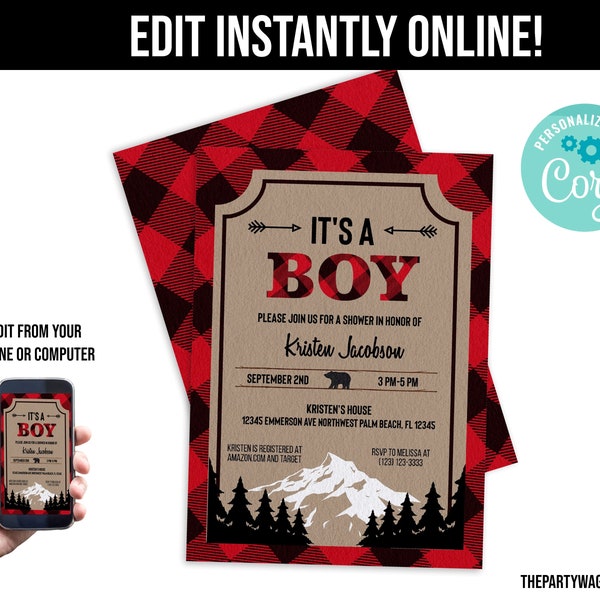 Buffalo Plaid Baby Shower Personalized Invitation, Instant Editable Boy Outdoor Flannel Lumberjack Invite, Printable Template Download, Red