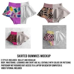 May include: Two styles of baby bloomers with a ruffled skirt. The bloomers are made of a soft, stretchy fabric and have a variety of colorful patterns, including pink, white, and black. The bloomers are perfect for a baby girl's wardrobe.
