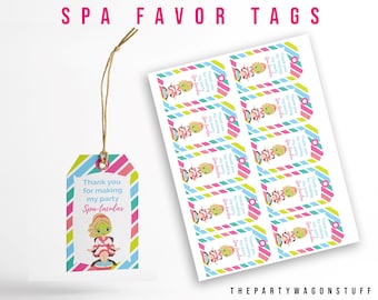 Spa Party Favor Tags, Printable Pamper Thank You Birthday Gift Tag, Beauty Instant Download, Spa-Tastic Label, Shower Tag, Bright