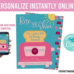 Brunch Birthday Invite, Breakfast Party Invite Template Instant Download, Girl Printable Toaster Sunshine Rise and Shine