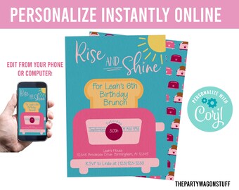 Brunch Birthday Personalized Invitation, Breakfast Party Invite Instant Editable Download, Girl Printable Toaster Sunshine Rise and Shine