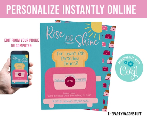Brunch Birthday Invite, Breakfast Party Invite Template Instant Download, Girl Printable Toaster Sunshine Rise and Shine