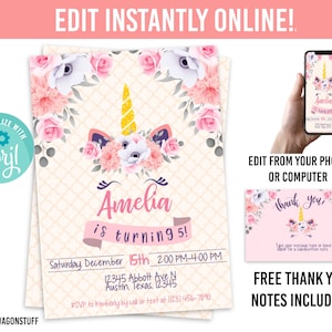 マジカルユニコーンの誕生日パーティー招待状、花柄の即時編集可能なテンプレート、印刷可能な紫とピンクの花の招待状、サンキューカード
