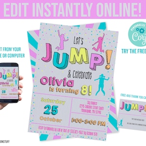 Jump Trampoline Party gepersonaliseerde uitnodiging, gratis bedankkaarten, meisje Bounce verjaardagssjabloon, meisjes afdrukbare Instant bewerkbare uitnodiging